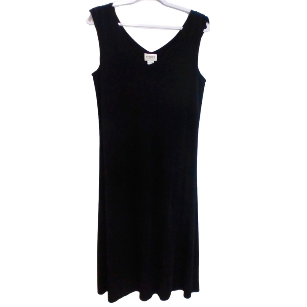 CHICOS Travelers Sleeveless VNeck Midi dress Black Stretchy Sz Med EUC